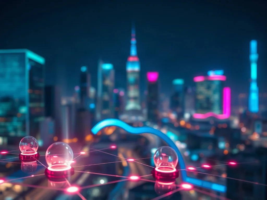 Wizualizacja nowoczesnej sieci bezprzewodowej z hologramem przesyłu danych na tle nocnego miasta, symbolizująca ewolucję 5G.
