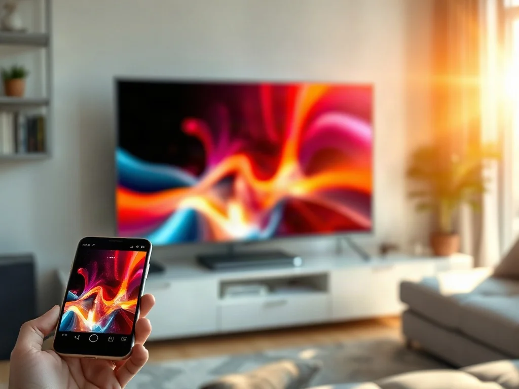 Smartfon bezprzewodowo przesyłający obraz na nowoczesny telewizor w przytulnym salonie, ilustrujący działanie funkcji AirPlay.