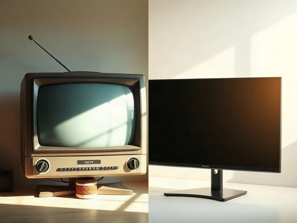 Zestawienie starego telewizora kineskopowego z nowoczesnym, płaskim ekranem LCD ukazujące ewolucję technologii obrazu.