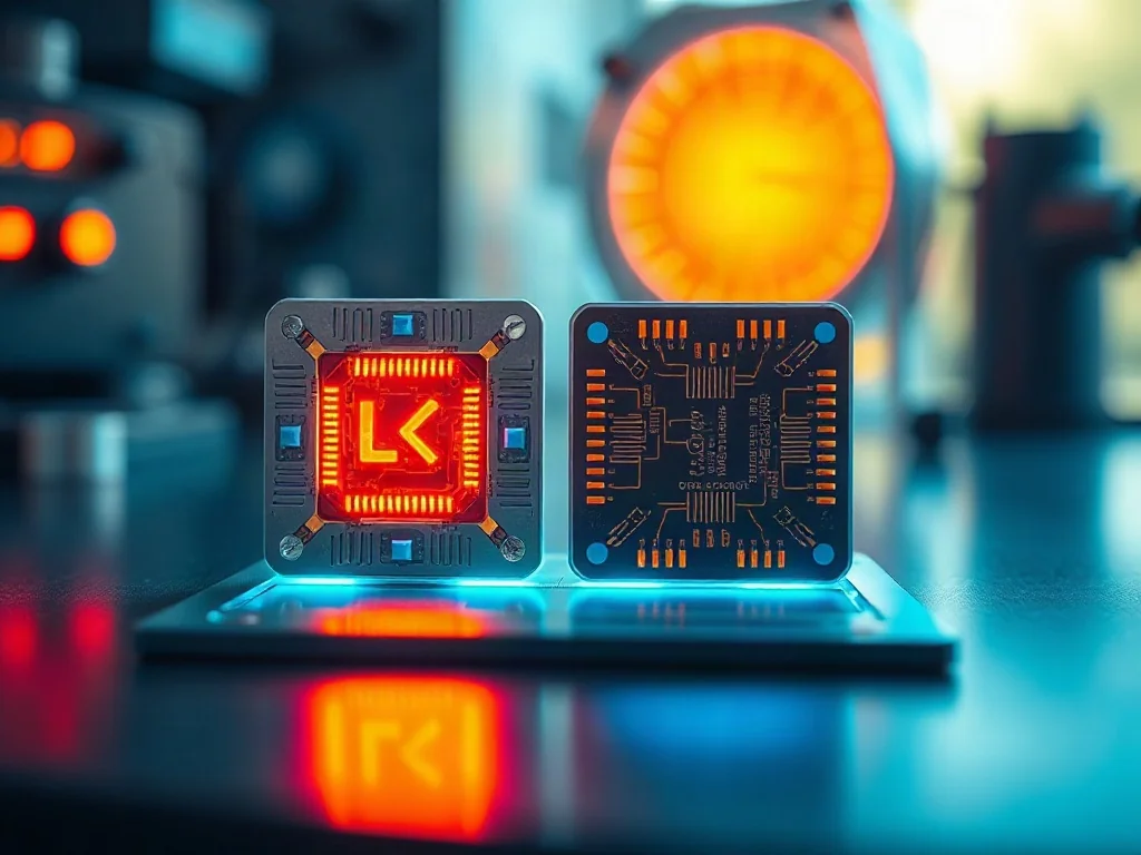 Dwa futurystyczne mikroprocesory z podświetleniem, symbolizujące rywalizację między technologiami Snapdragon i MediaTek.