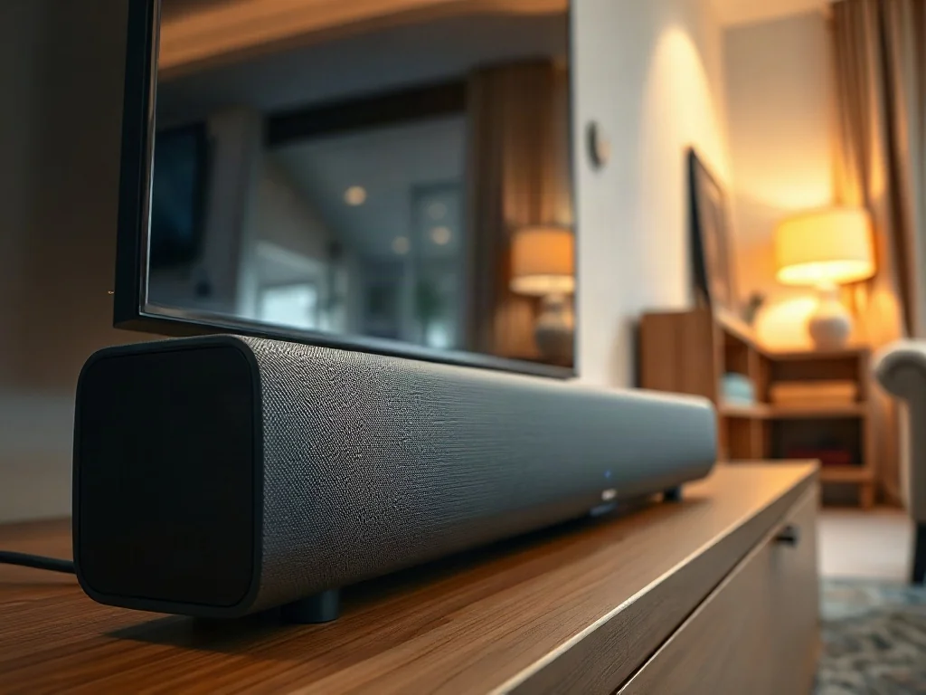 Nowoczesny soundbar umieszczony pod telewizorem w przytulnym salonie, podkreślający wysoką jakość domowego nagłośnienia.