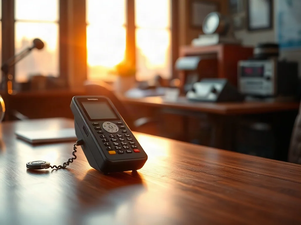 Klasyczny telefon komórkowy typu „cegła” z lat 80. na drewnianym biurku w klimatycznym, retro biurze.