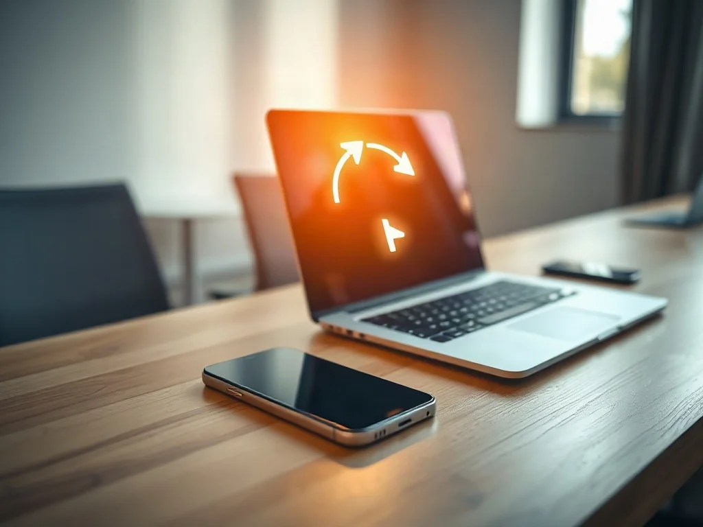 Smartfon i laptop na drewnianym biurku z cyfrową ikoną synchronizacji, symbolizującą płynne przesyłanie danych między urządzeniami.