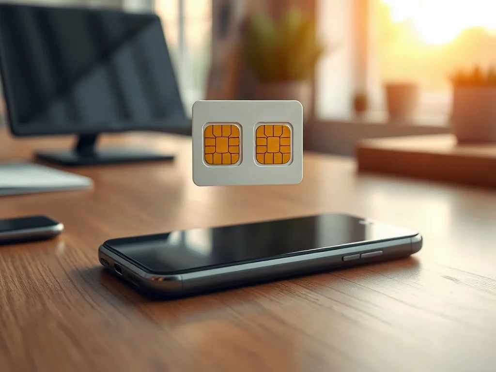 Nowoczesny smartfon z symbolem dual SIM na biurku, podkreślający funkcjonalność urządzenia w pracy.