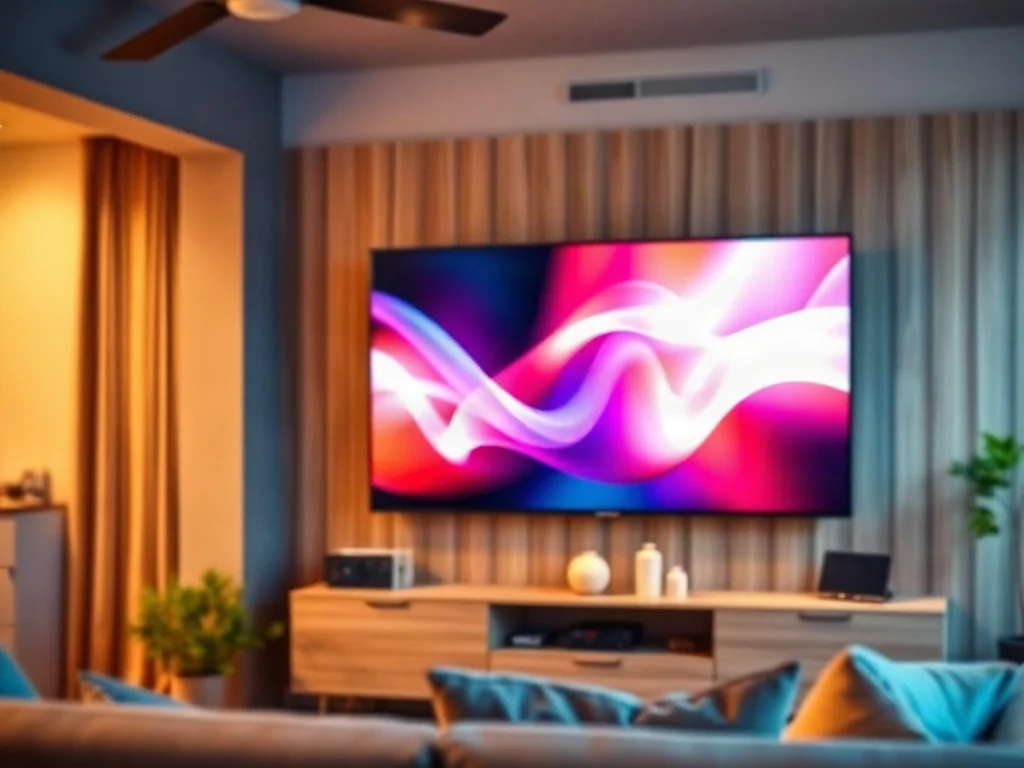 Nowoczesny salon z dużym telewizorem Smart TV zamontowanym na drewnianej ścianie, wyświetlającym kolorowy interfejs systemu.