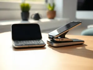 Dwa smartfony z systemami Android i iOS leżące obok siebie na biurku, gotowe do synchronizacji danych z laptopem.