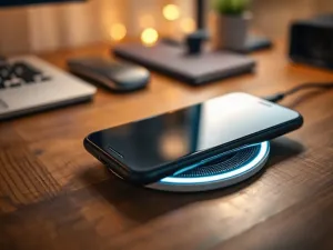 Różne rodzaje kabli do ładowania smartfonów, w tym USB-C, Lightning i Micro-USB, ułożone na drewnianym biurku.