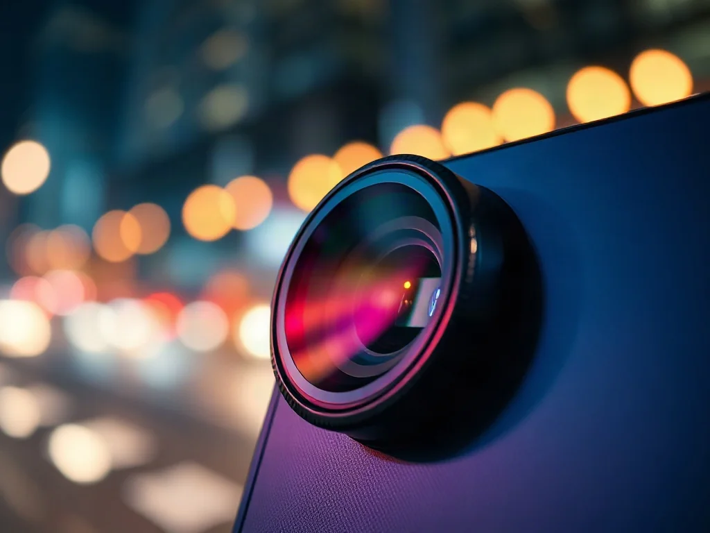Zbliżenie na obiektyw nowoczesnego smartfona z widocznymi detalami technicznymi na tle rozmytych świateł nocnego miasta.