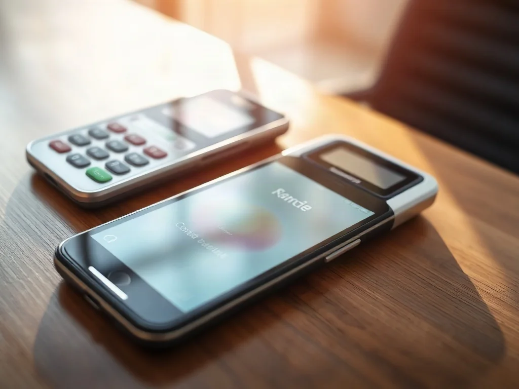 Smartfon z cyfrowym portfelem leżący obok terminala płatniczego, ilustrujący nowoczesne metody płatności zbliżeniowych.