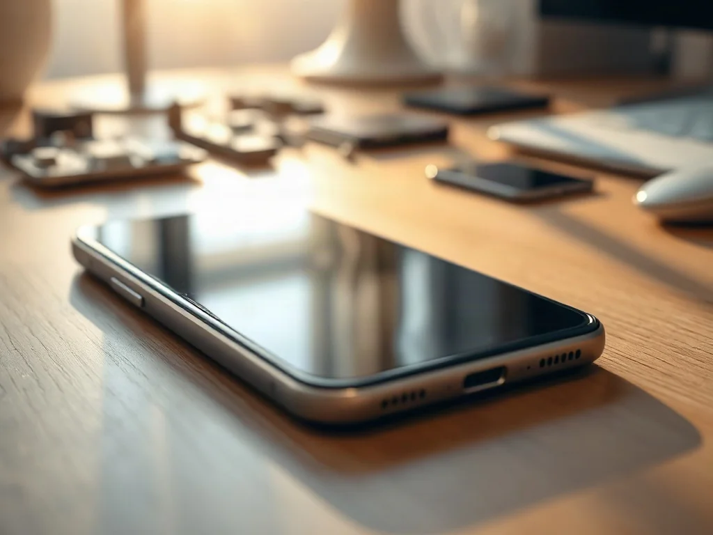 Nowoczesny budżetowy smartfon na drewnianym biurku w otoczeniu podzespołów elektronicznych.
