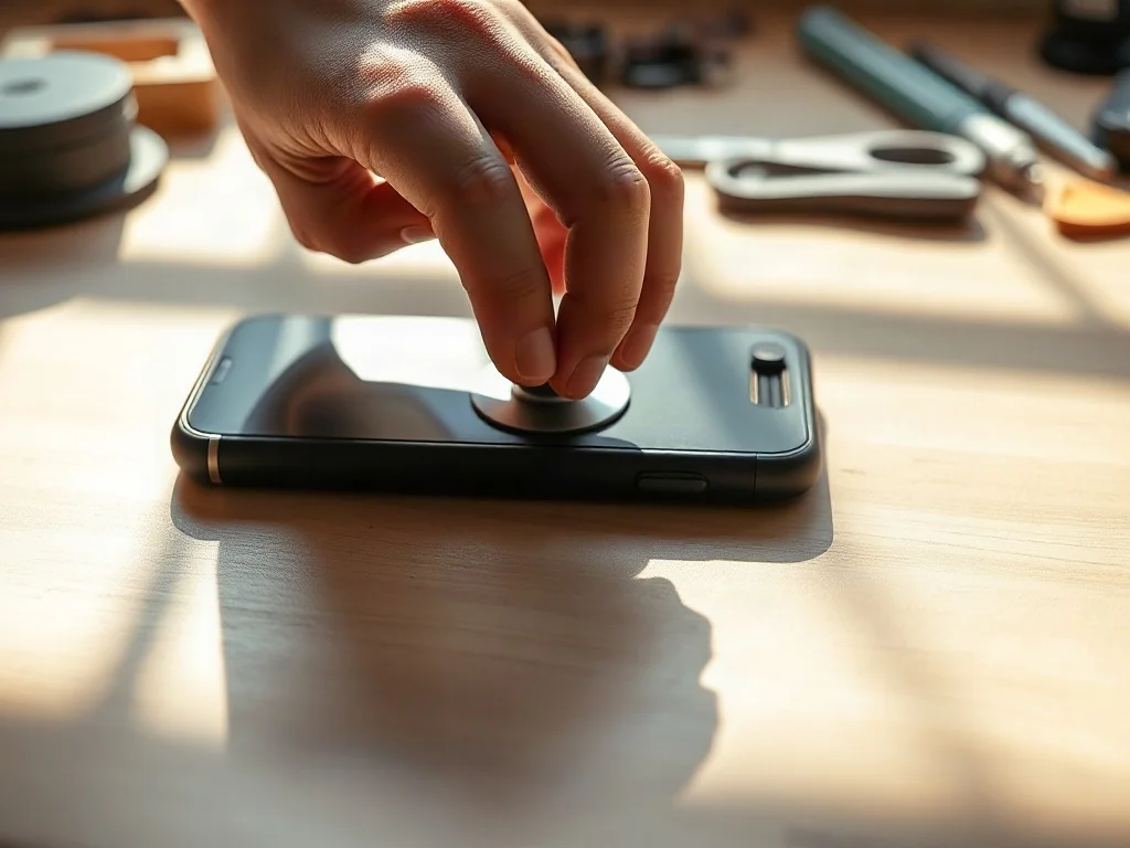 Dłoń precyzyjnie umieszcza uchwyt typu popsocket na etui telefonu, przygotowując go do przyklejenia.