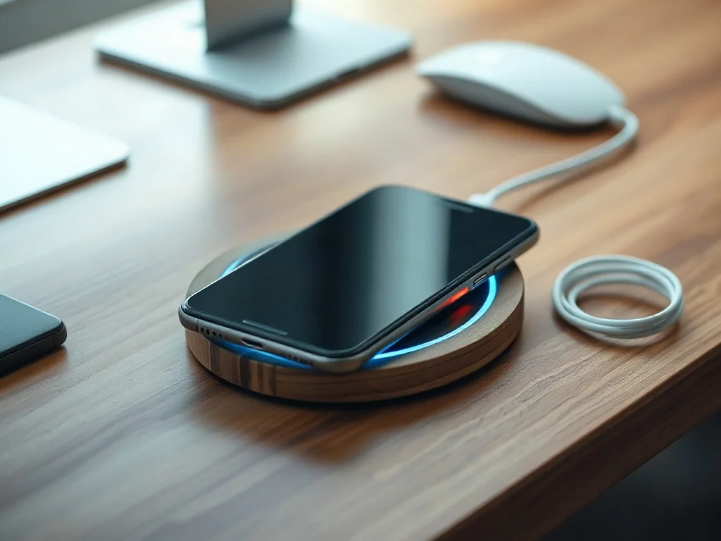 Nowoczesny smartfon na drewnianej ładowarce indukcyjnej obok tradycyjnego kabla USB-C na minimalistycznym biurku.
