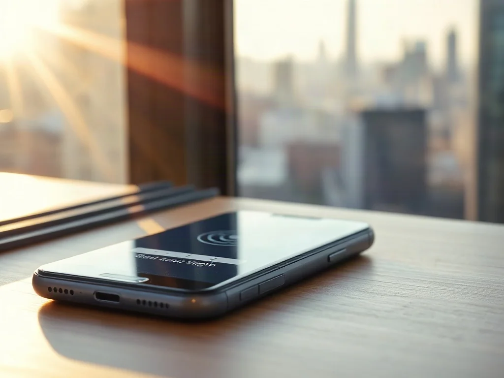 Nowoczesny smartfon na biurku z pełnym zasięgiem sieci, widoczny na tle słonecznego miasta.