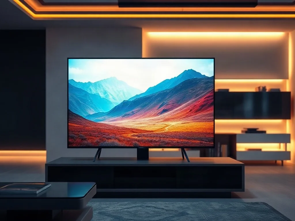 Nowoczesny telewizor premium w minimalistycznym salonie z nastrojowym oświetleniem LED.