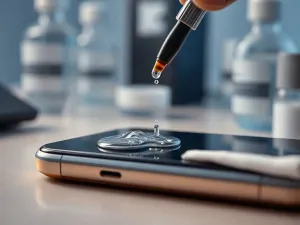 Zbliżenie na uszkodzony port HDMI w telewizorze oraz zestaw precyzyjnych narzędzi przygotowanych do profesjonalnej naprawy.