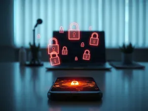 Nowoczesny smartfon na biurku z pełnym zasięgiem sieci, widoczny na tle słonecznego miasta.