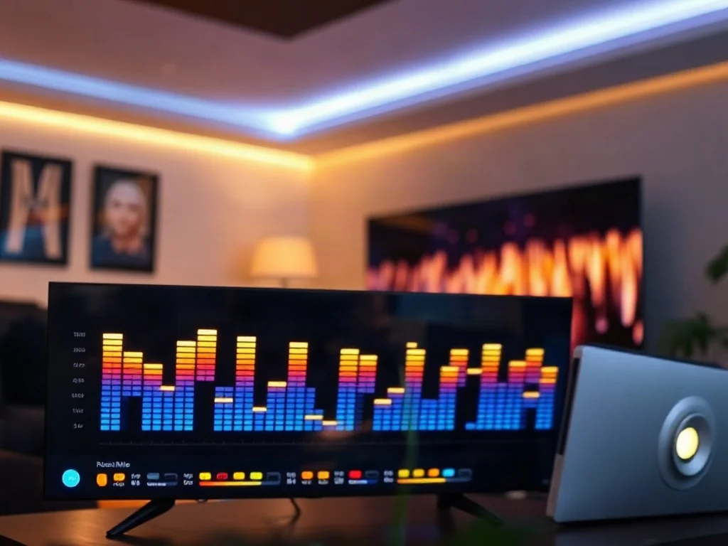 Ekran telewizora z wyświetlonym korektorem dźwięku w przytulnym salonie, obrazujący proces dostrajania parametrów audio.
