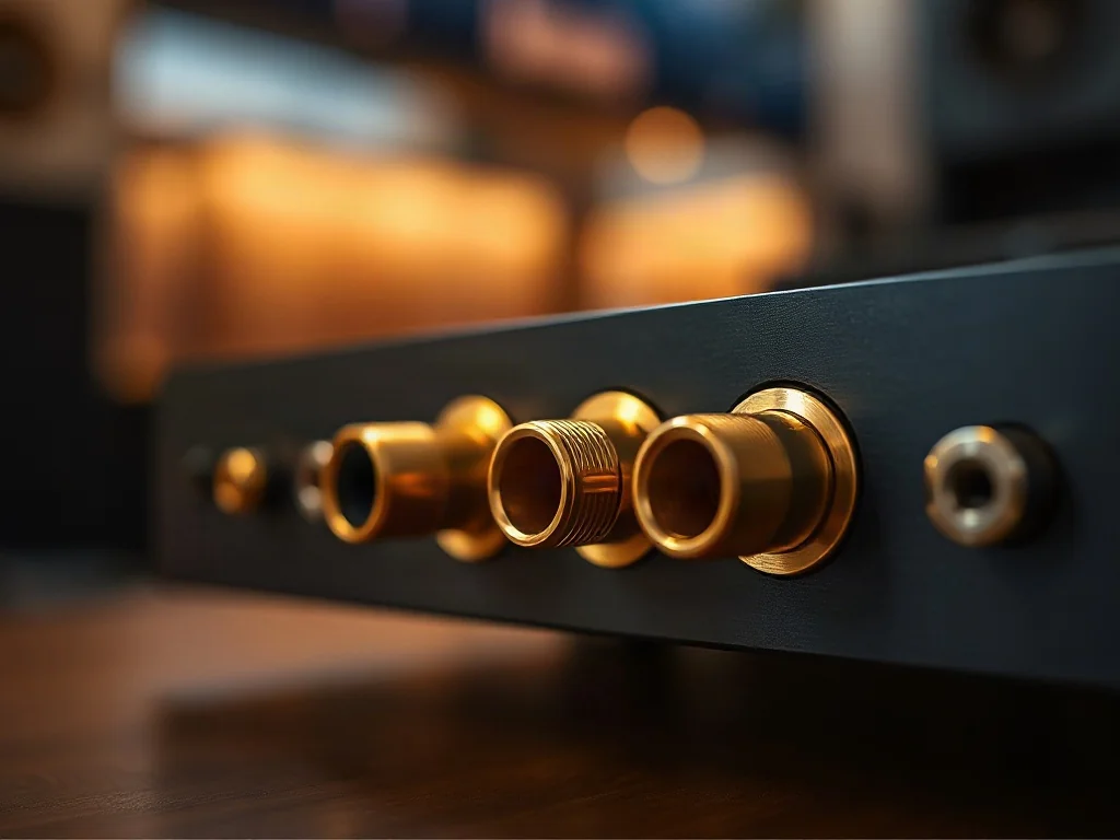 Zbliżenie na pozłacane złącza audio, w tym HDMI ARC, optyczne Toslink i jack 3,5 mm, na panelu nowoczesnego telewizora.
