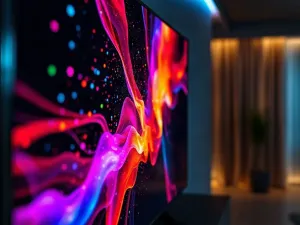 Dłoń trzymająca pilot do telewizora z wyraźnie zaznaczonym przyciskiem mikrofonu, gotowym do użycia funkcji głosowych.