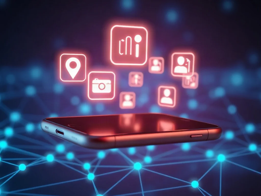 Ikony uprawnień aplikacji, takie jak lokalizacja czy aparat, unoszące się nad ekranem smartfona w cyfrowej sieci.