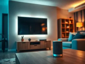Nowoczesny salon z dużym telewizorem Smart TV wyświetlającym interfejs aplikacji streamingowych w przytulnym oświetleniu.