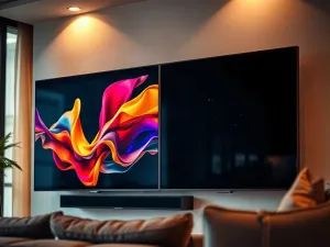 Miernik energii podłączony do telewizora, na którego ekranie widać wykres efektywności energetycznej.