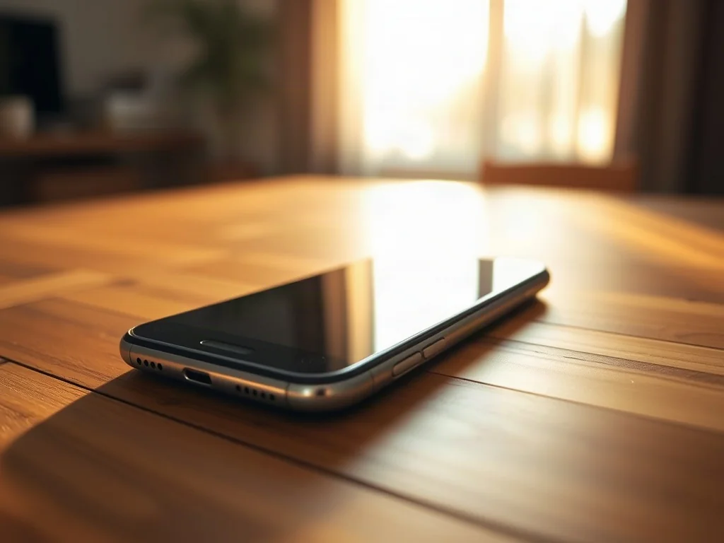 Nowoczesny smartfon na drewnianym stole z wizualizacją dźwięku, podkreślającą głośność dzwonka.
