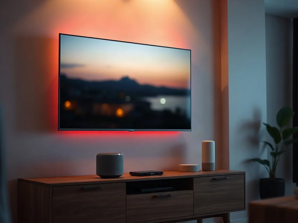 Nowoczesny telewizor zamontowany na ścianie oraz inteligentny głośnik Alexa na szafce RTV w przytulnym salonie.