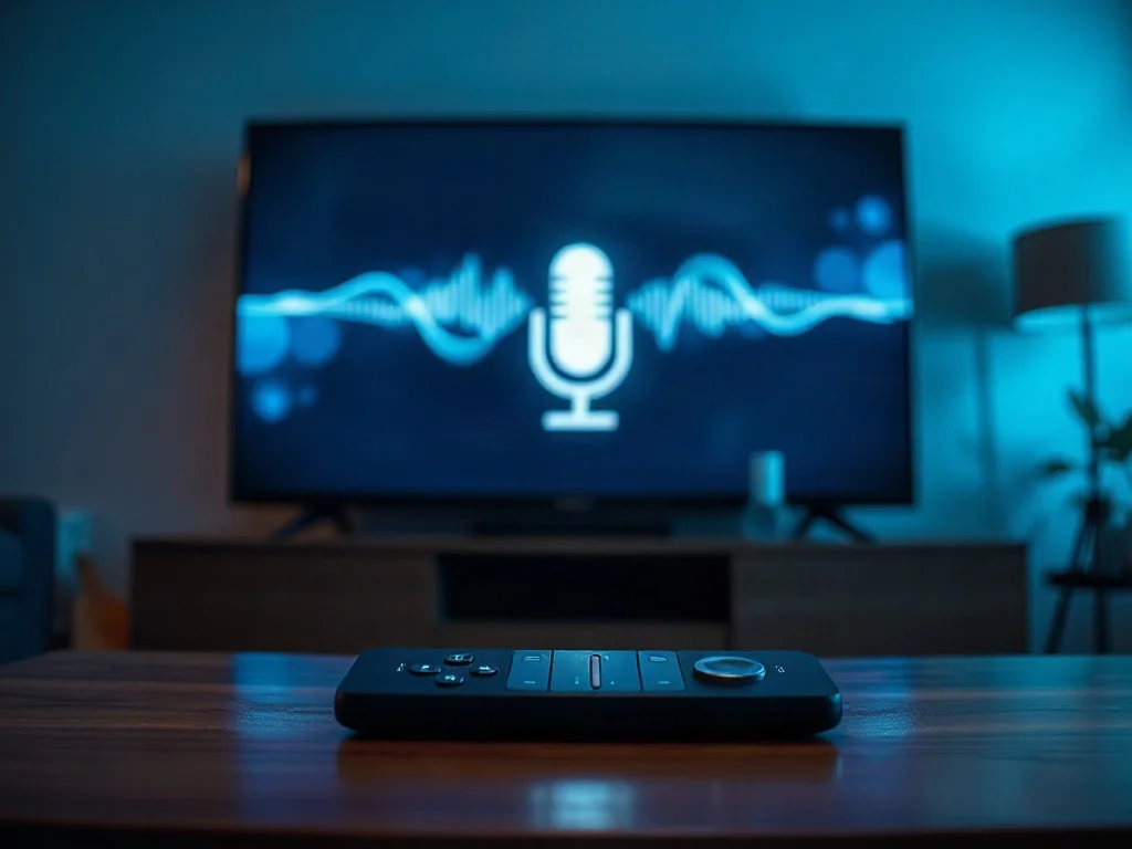 Pilot do telewizora z ikoną mikrofonu oraz ekran z wizualizacją rozpoznawania głosu, symbolizujące obsługę głosową TV.