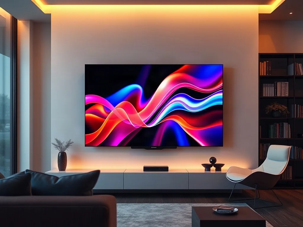 Nowoczesny telewizor Smart TV zamontowany na ścianie w przytulnym salonie, wyświetlający kolorową grafikę.
