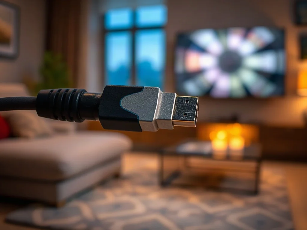 Wtyk kabla HDMI podłączony do portu telewizora, ilustrujący połączenie urządzeń multimedialnych.