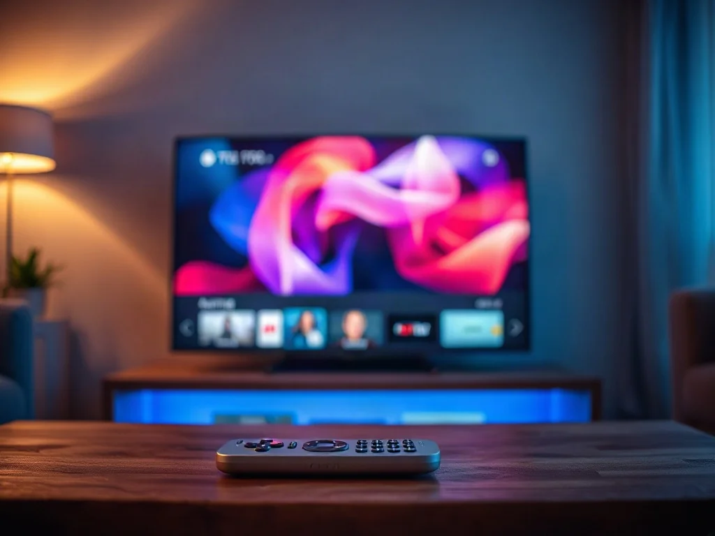 Nowoczesny telewizor z włączoną aplikacją VOD w przytulnym salonie wieczorem oraz pilot na stoliku kawowym.