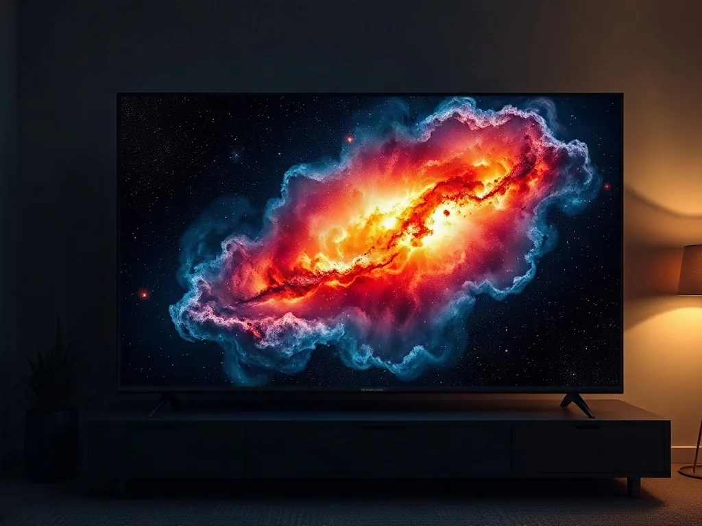 Ekran nowoczesnego telewizora wyświetlający mgławicę, ukazujący głęboką czerń i wysoki kontrast obrazu.