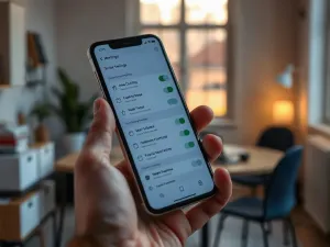 Nowoczesny smartfon budżetowy z kolorowymi ikonami na ekranie, leżący na minimalistycznym drewnianym biurku.