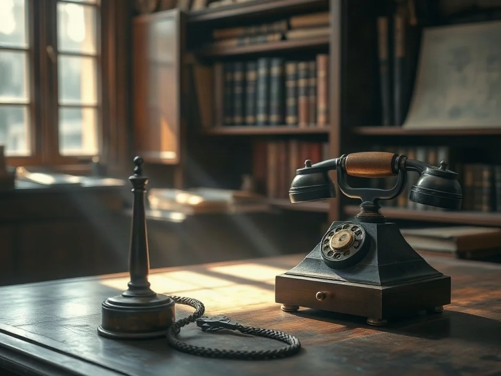 Zabytkowy telefon tarczowy i mosiężny klucz telegraficzny na drewnianym biurku w dawnym biurze komunikacji.