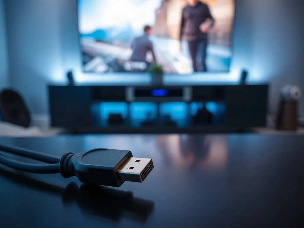 Kabel HDMI oraz przewód optyczny leżące obok siebie na ciemnym tle, z rozmytym zestawem kina domowego w tle.