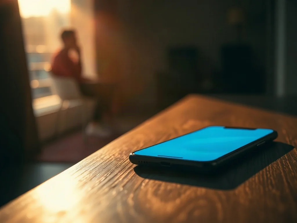 Smartfon leżący na biurku w przyciemnionym pokoju, podkreślający izolację użytkownika i wpływ technologii na zdrowie.