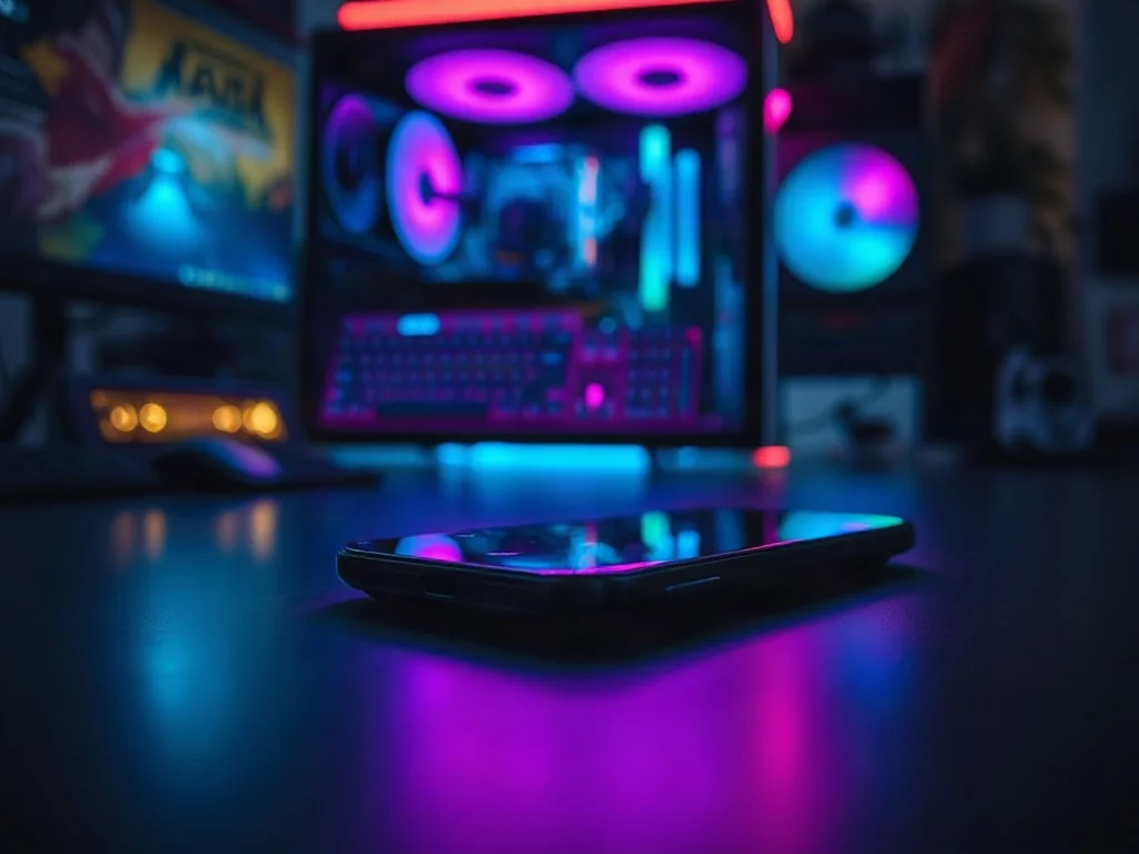 Nowoczesny smartfon gamingowy z neonowym podświetleniem na biurku z zestawem komputerowym w tle.
