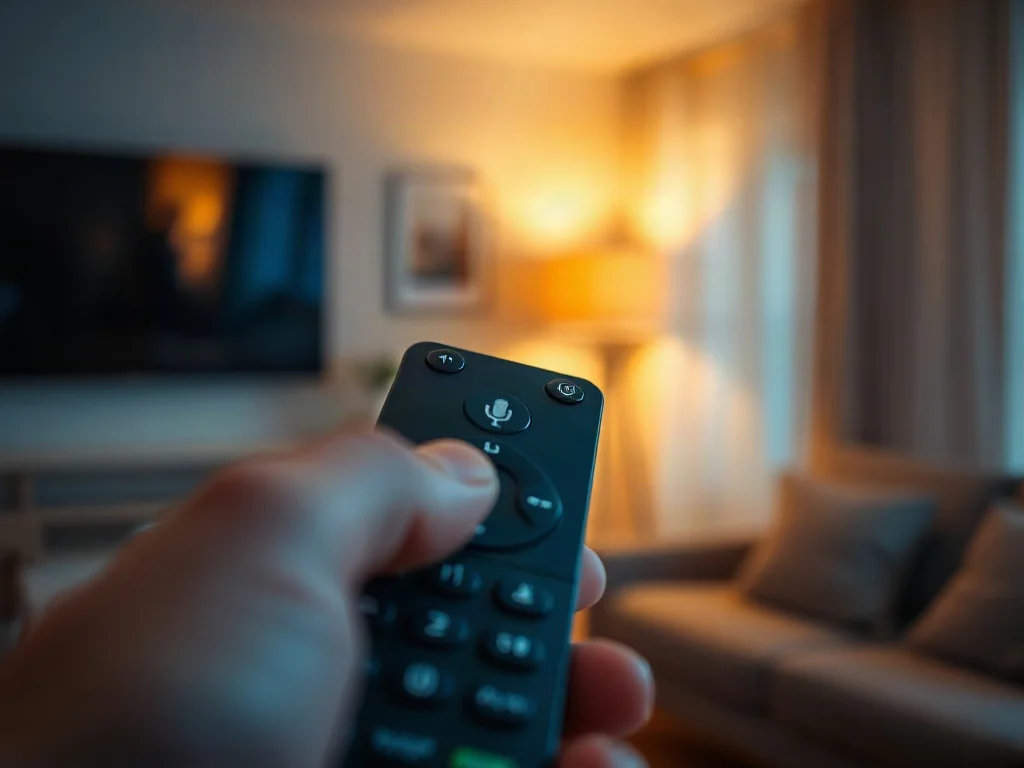 Dłoń trzymająca pilot do telewizora z wyraźnie zaznaczonym przyciskiem mikrofonu, gotowym do użycia funkcji głosowych.