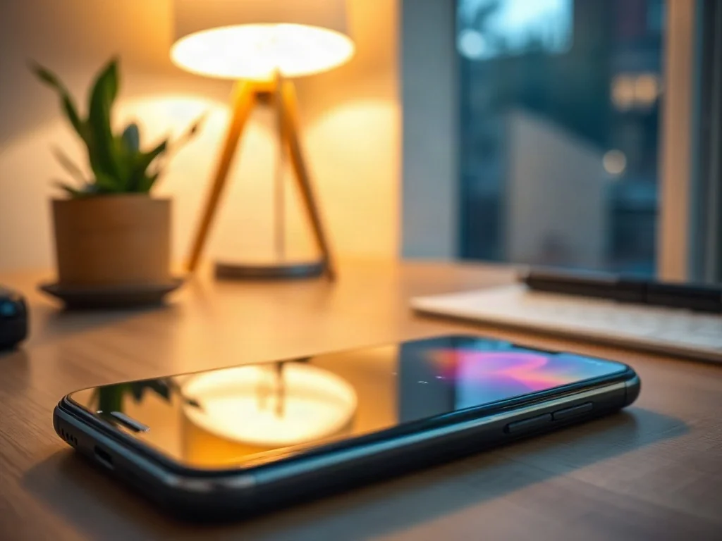 Nowoczesny smartfon budżetowy z kolorowymi ikonami na ekranie, leżący na minimalistycznym drewnianym biurku.