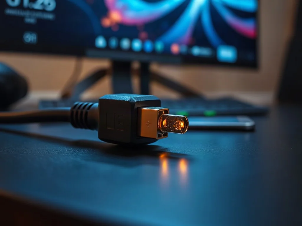 Dwa kable HDMI na gamingowym biurku z podświetleniem w kolorze niebieskim i bursztynowym, symbolizujące różne generacje złączy.