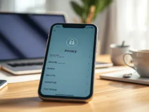 Ekran smartfona z ikoną cyfrowej tarczy na tle kodu binarnego, symbolizujący ochronę urządzenia mobilnego.