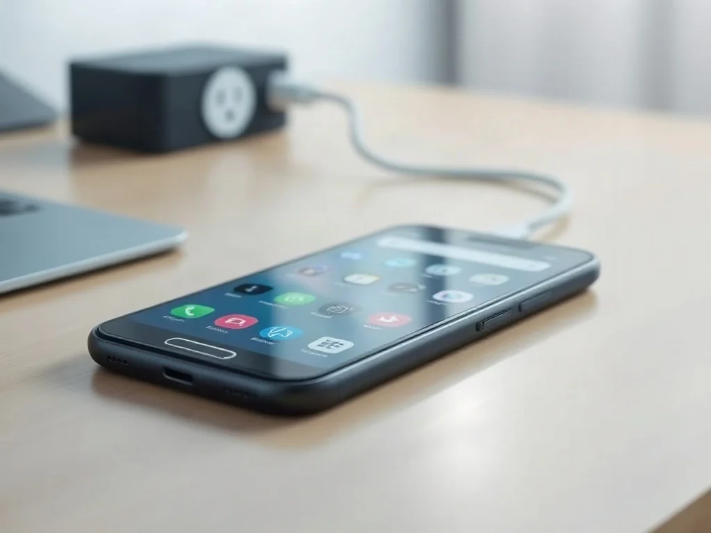 Nowoczesny smartfon z wieloma powiadomieniami na ekranie leżący na biurku obok ładowarki podłączonej do prądu.