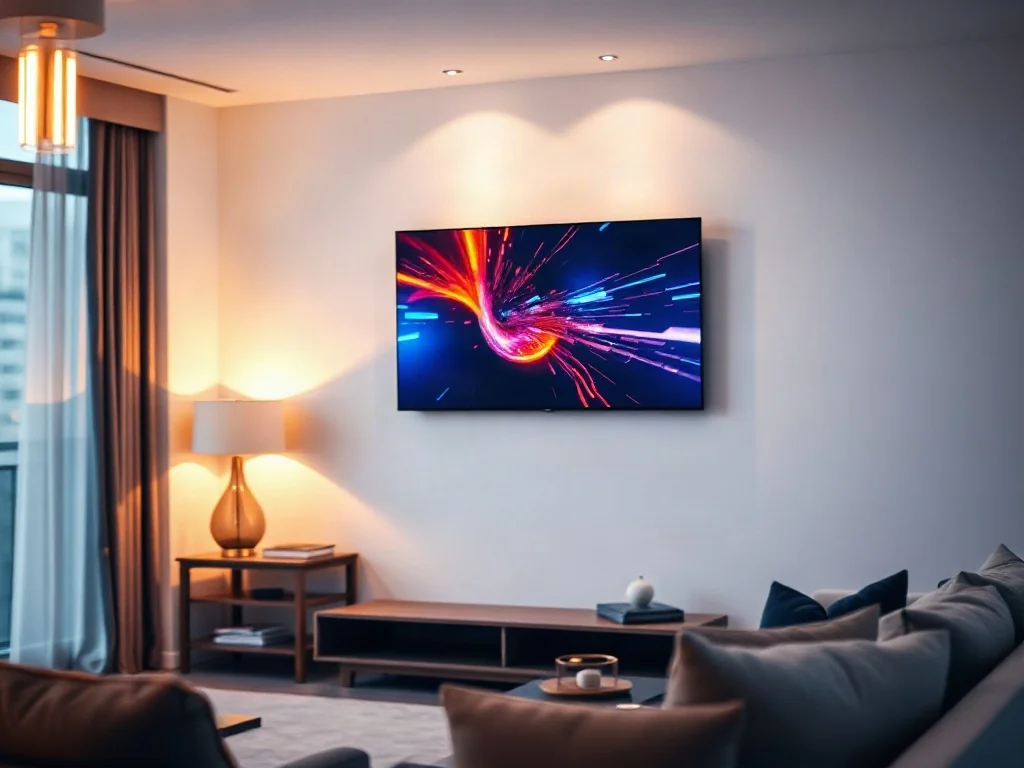 Nowoczesny telewizor z kolorowym interfejsem zamontowany na minimalistycznej ścianie w przytulnym salonie.
