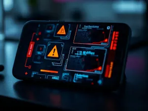 Smartfon zamontowany na desce rozdzielczej samochodu, wyświetlający ostrzeżenie o przegrzaniu w pełnym słońcu.