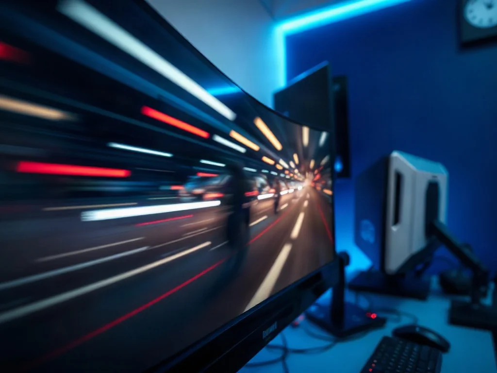 Zbliżenie na ekran monitora z widocznymi artefaktami rozmycia ruchu i efektem rozrywania obrazu (screen tearing).