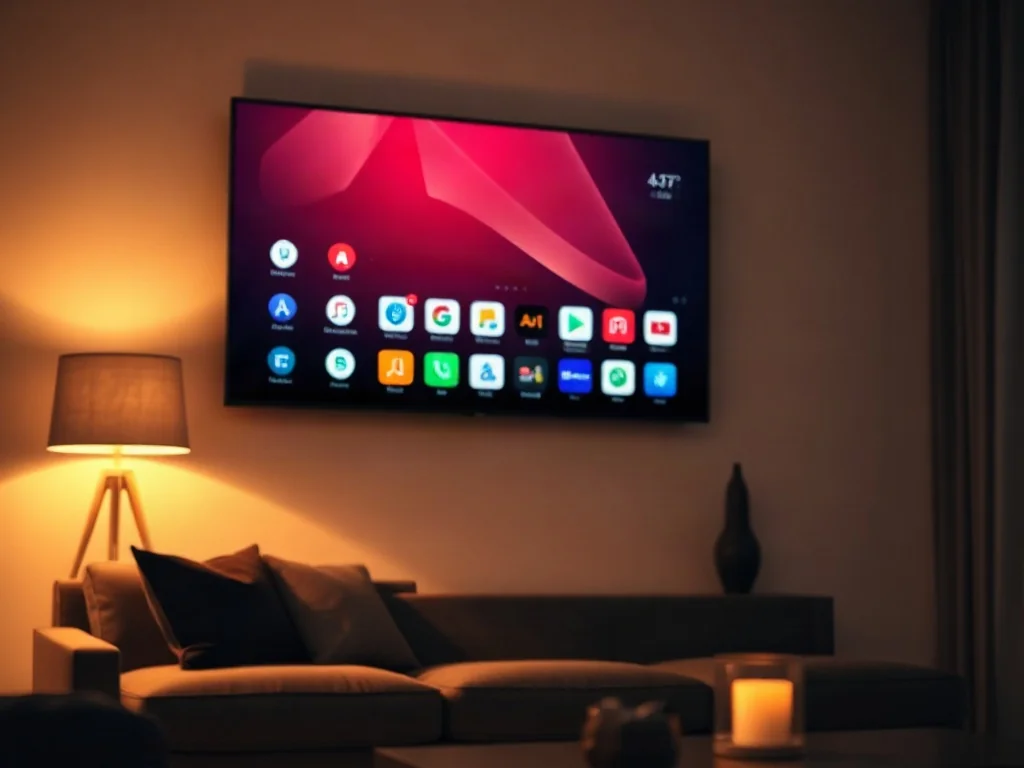 Nowoczesny interfejs systemu Tizen na ekranie telewizora z kolorowymi ikonami aplikacji w przyciemnionym salonie.
