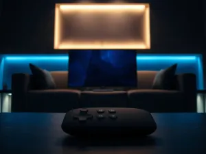 Nowoczesny telewizor z minimalistycznym interfejsem systemu webOS w przytulnym salonie.
