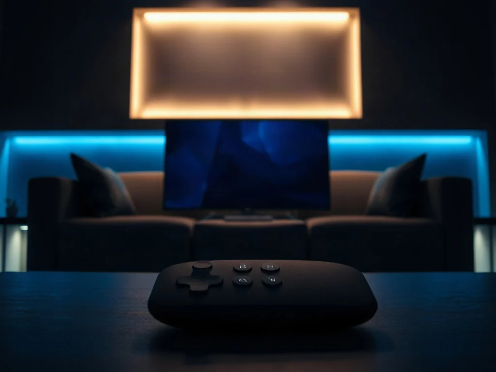 Nowoczesny salon z włączonym telewizorem Smart TV i pilotem na stole, ilustrujący temat prywatności w inteligentnych urządzeniach.