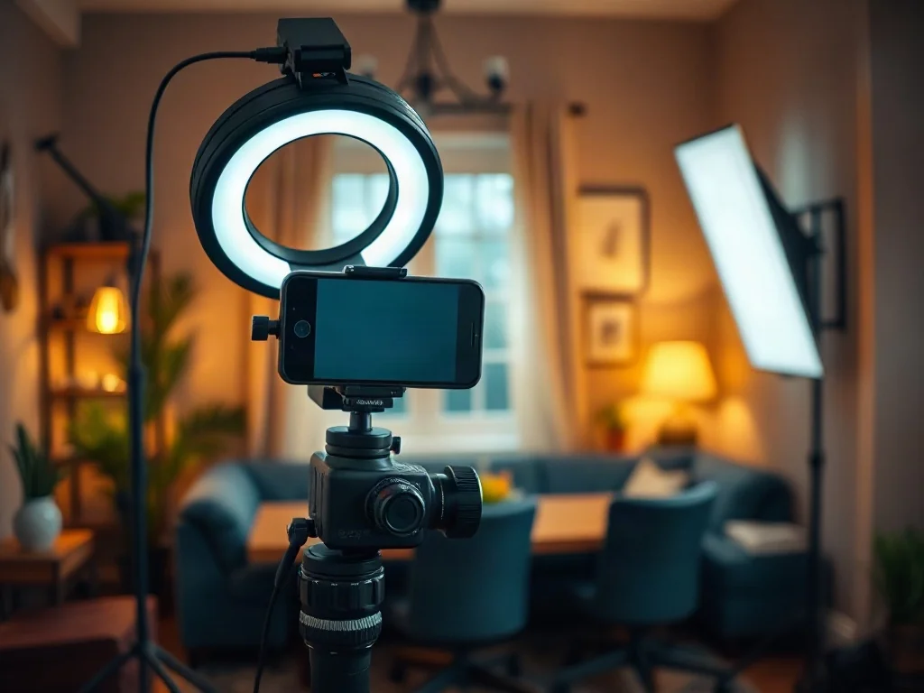Profesjonalny zestaw oświetleniowy z lampą pierścieniową i softboxem do nagrywania filmów smartfonem na gimbalu.